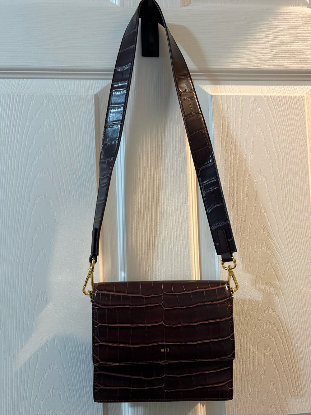 JW PEI Mini Flap Crossbody Bag Brown Croc Gold Hardware